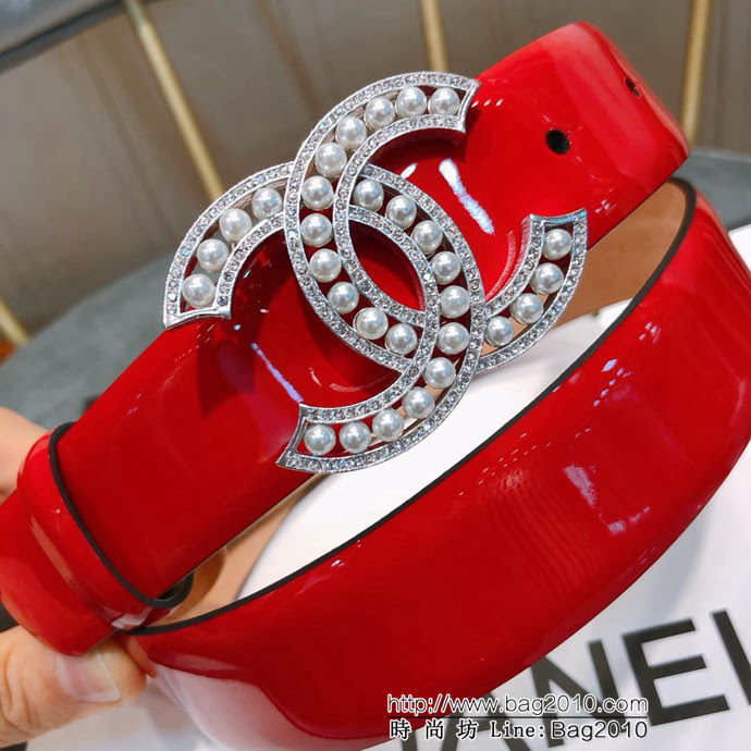 CHANEL香奈兒 18新款 30mm精品 CC珍珠滿鑽鏤空扣 樹膏底妖帶 網紅同款腰帶  xfp1160